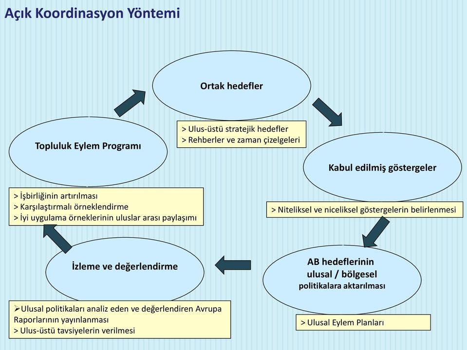 Niteliksel ve niceliksel göstergelerin belirlenmesi İzleme ve değerlendirme Ulusal politikaları analiz eden ve değerlendiren Avrupa