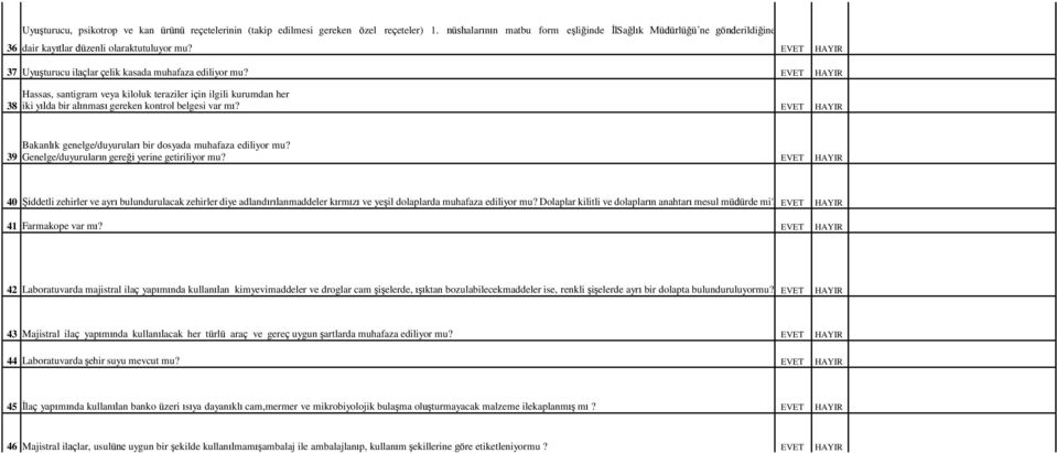 38 Hassas, santigram veya kiloluk teraziler için ilgili kurumdan her iki yılda bir alınması gereken kontrol belgesi var mı? 39 Bakanlık genelge/duyuruları bir dosyada muhafaza ediliyor mu?