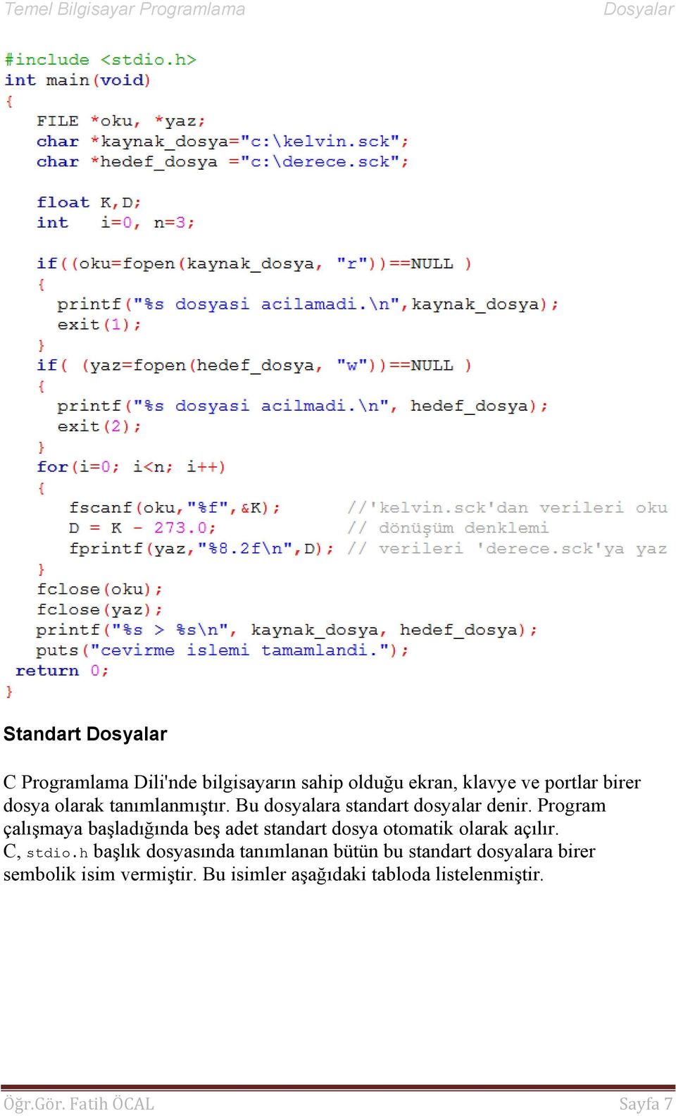 Program çalışmaya başladığında beş adet standart dosya otomatik olarak açılır. C, stdio.