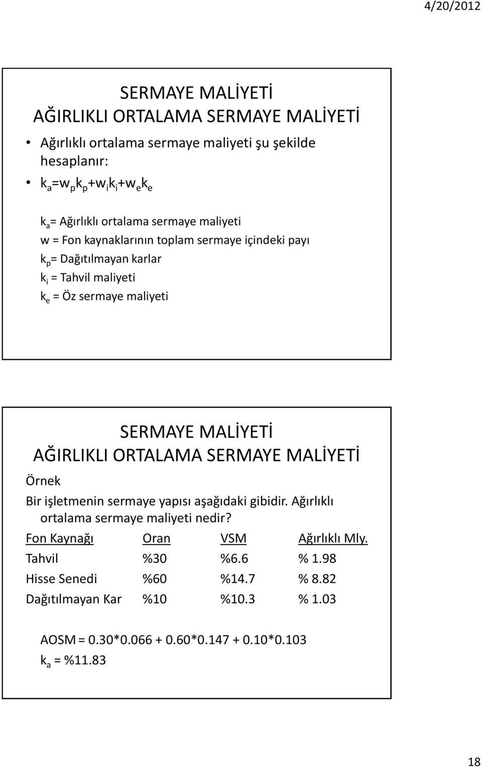 ORTALAMA Örnek Bir işletmenin sermaye yapısı aşağıdaki gibidir. Ağırlıklı ortalama sermaye maliyeti nedir? Fon Kaynağı Oran VSM Ağırlıklı Mly.