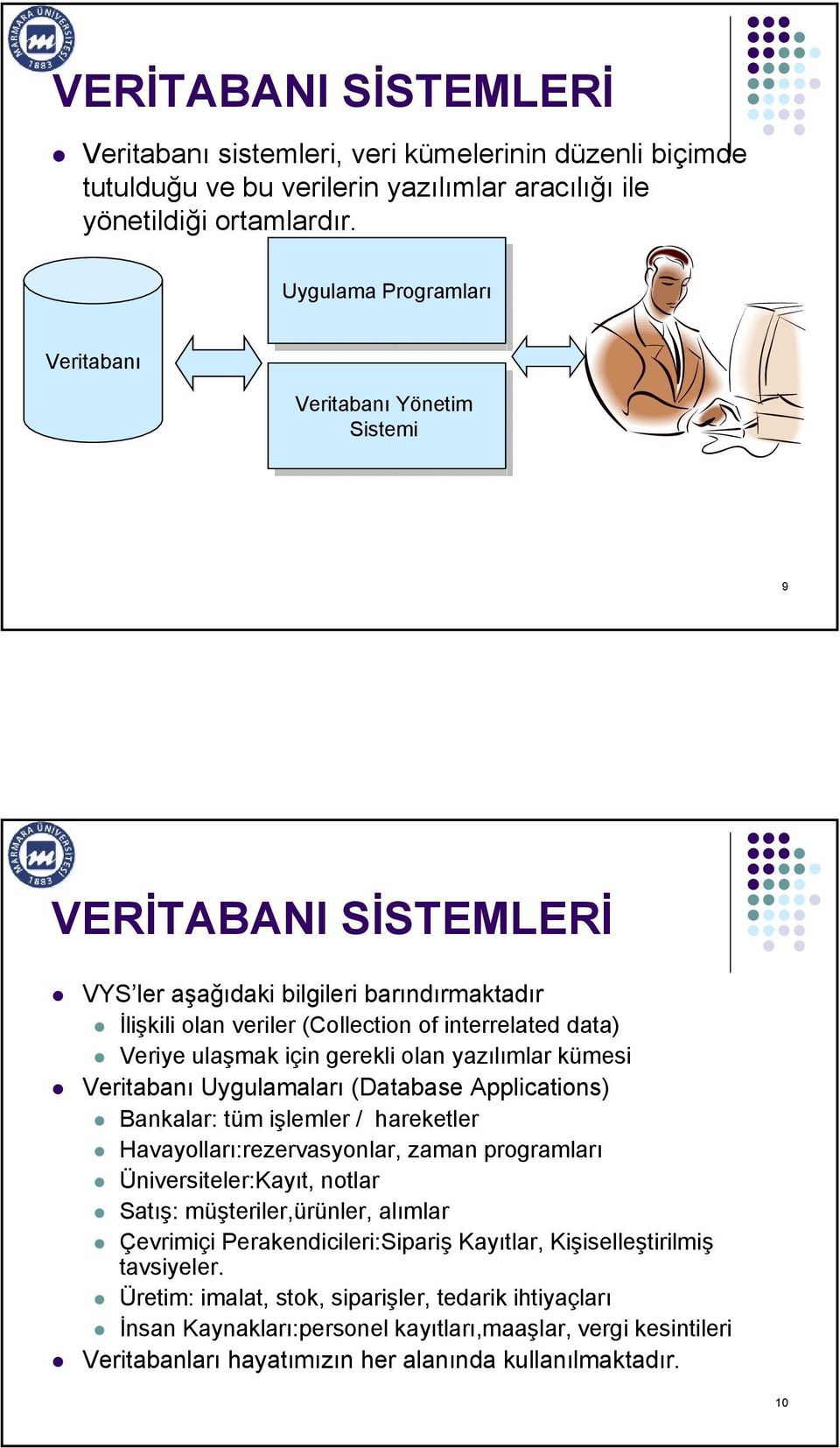 ulaşmak için gerekli olan yazılımlar kümesi Veritabanı Uygulamaları (Database Applications) Bankalar: tüm işlemler / hareketler Havayolları:rezervasyonlar, zaman programları Üniversiteler:Kayıt,