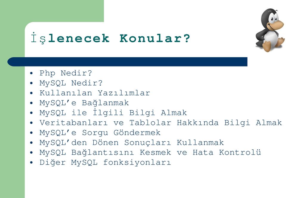 Veritabanlar ı ve Tablolar Hakkında Bilgi Almak MySQL e Sorgu Göndermek