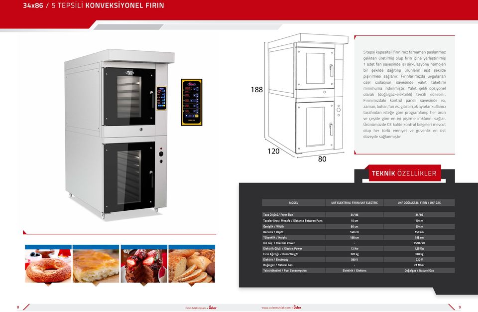 Yakıt şekli opsiyonel olarak (doğalgaz-elektrikli) tercih edilebilir. Fırınımızdaki kontrol paneli sayesinde ısı, zaman, buhar, fan vs.