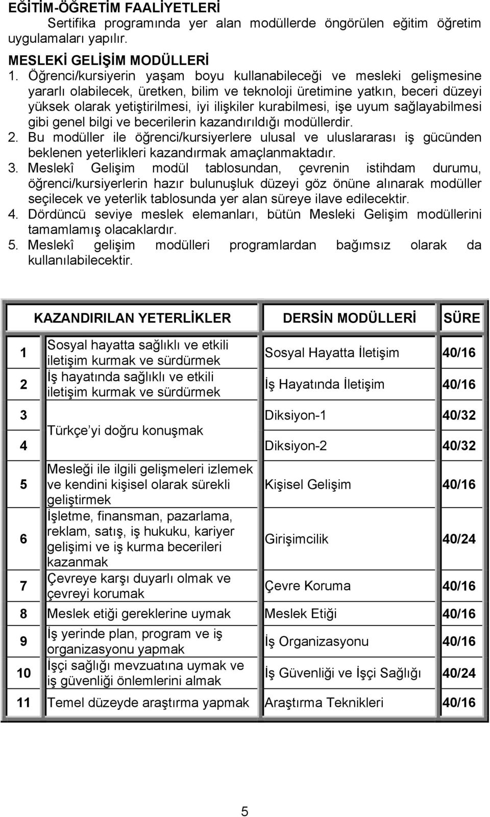 kurabilmesi, işe uyum sağlayabilmesi gibi genel bilgi ve becerilerin kazandırıldığı modüllerdir. 2.