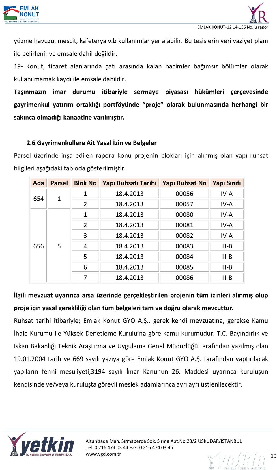 Taşınmazın imar durumu itibariyle sermaye piyasası hükümleri çerçevesinde gayrimenkul yatırım ortaklığı portföyünde proje olarak bulunmasında herhangi bir sakınca olmadığı kanaatine varılmıştır. 2.