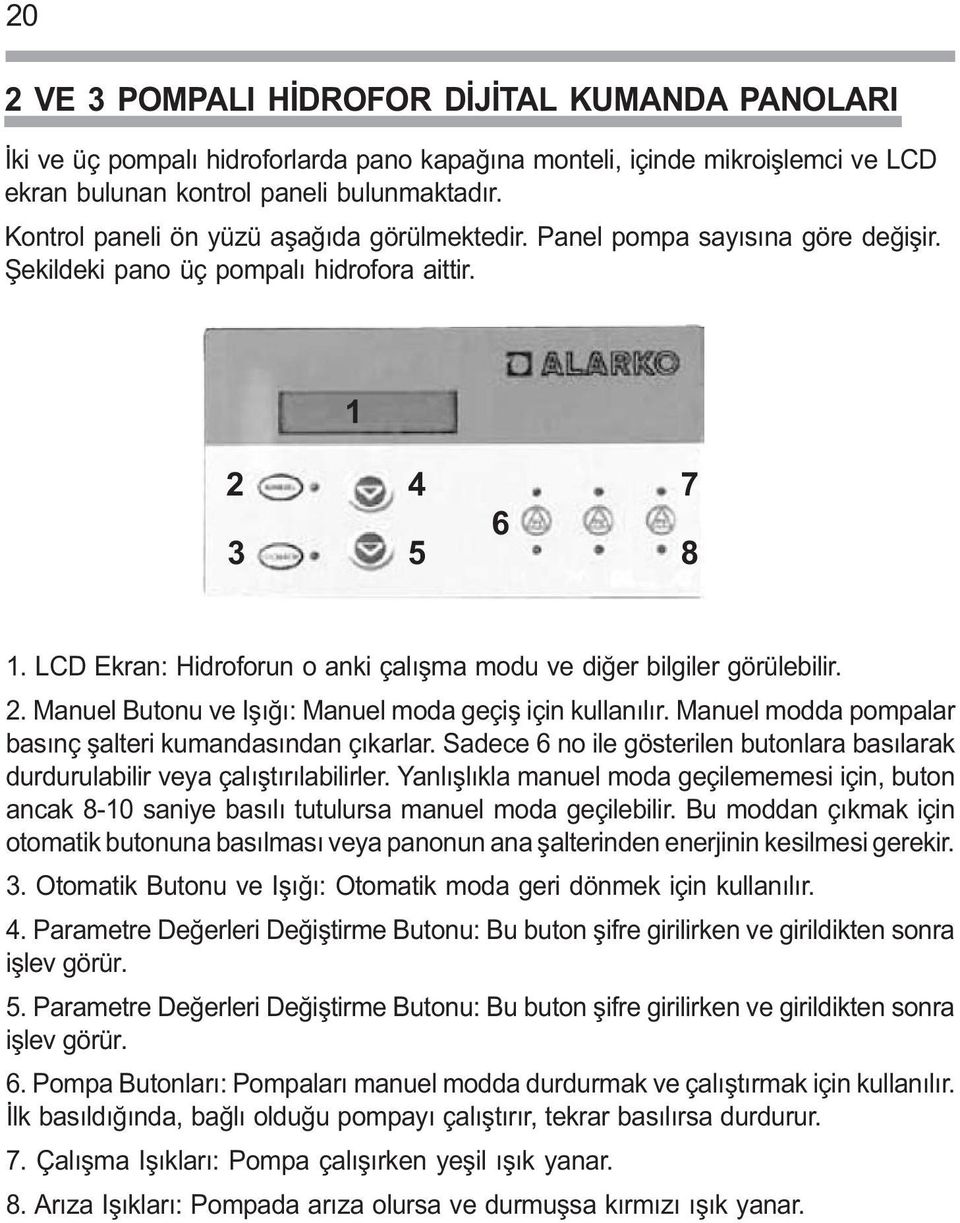LCD Ekran: Hidroforun o anki çalýþma modu ve diðer bilgiler görülebilir. 2. Manuel Butonu ve Iþýðý: Manuel moda geçiþ için kullanýlýr. Manuel modda pompalar basýnç þalteri kumandasýndan çýkarlar.