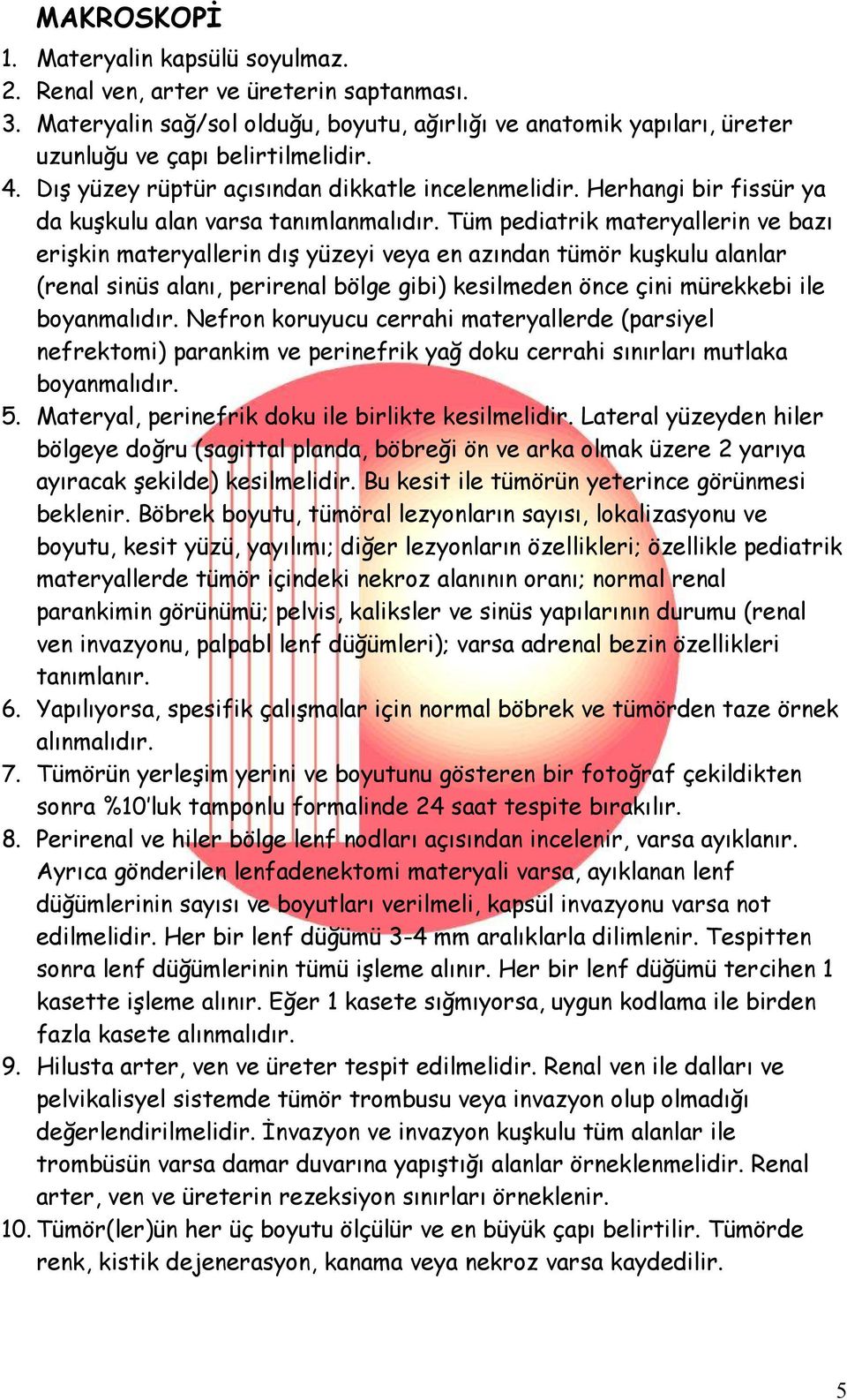 Tüm pediatrik materyallerin ve bazı erişkin materyallerin dış yüzeyi veya en azından tümör kuşkulu alanlar (renal sinüs alanı, perirenal bölge gibi) kesilmeden önce çini mürekkebi ile boyanmalıdır.