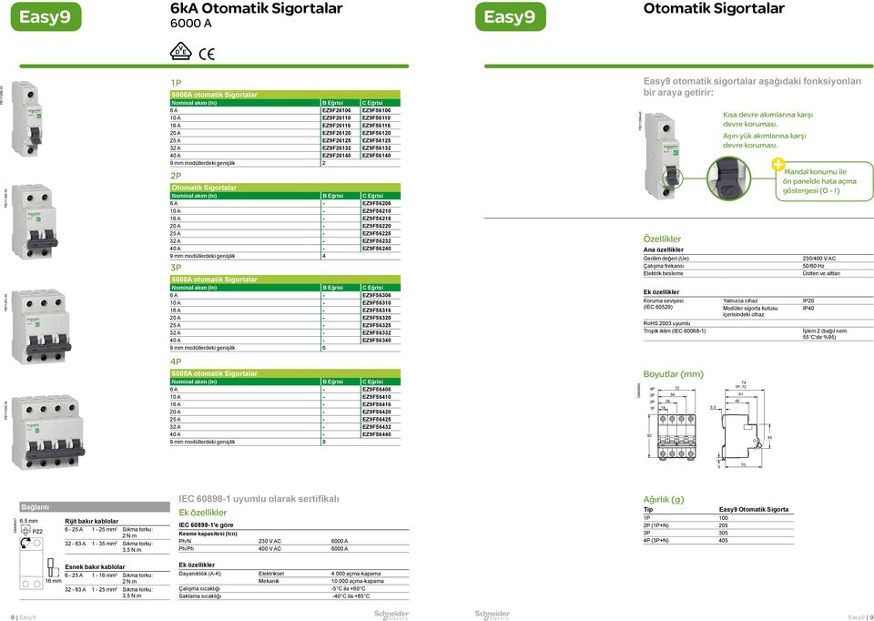 40 A - EZ9F56240 9 mm modüllerdeki genişlik 4 3P 6000A otomatik Sigortalar 6 A - EZ9F56306 10 A - EZ9F56310 16 A - EZ9F56316 20 A - EZ9F56320 25 A - EZ9F56325 32 A - EZ9F56332 40 A - EZ9F56340 9 mm