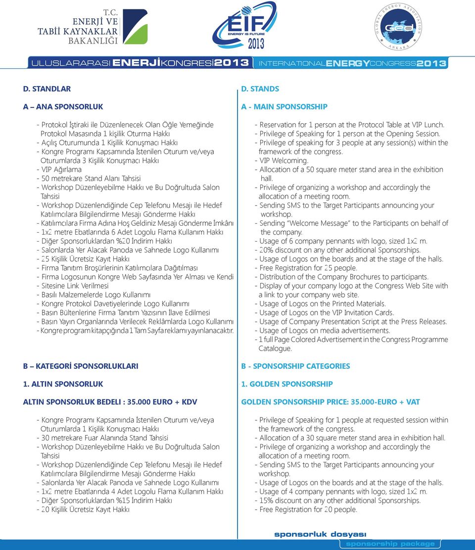 İstenilen Oturum ve/veya Oturumlarda 3 Kişilik Konuşmacı Hakkı - VIP Ağırlama - 50 metrekare Stand Alanı Tahsisi - Workshop Düzenleyebilme Hakkı ve Bu Doğrultuda Salon Tahsisi - Workshop