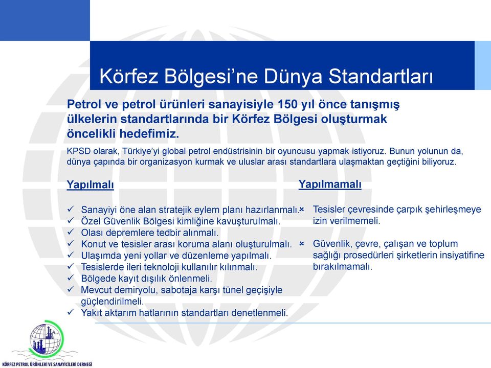 Yapılmalı Yapılmamalı Sanayiyi öne alan stratejik eylem planı hazırlanmalı. Özel Güvenlik Bölgesi kimliğine kavuşturulmalı. Olası depremlere tedbir alınmalı.