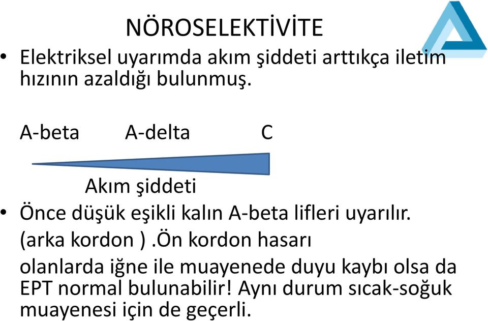 A-beta A-delta C Akım şiddeti Önce düşük eşikli kalın A-beta lifleri uyarılır.