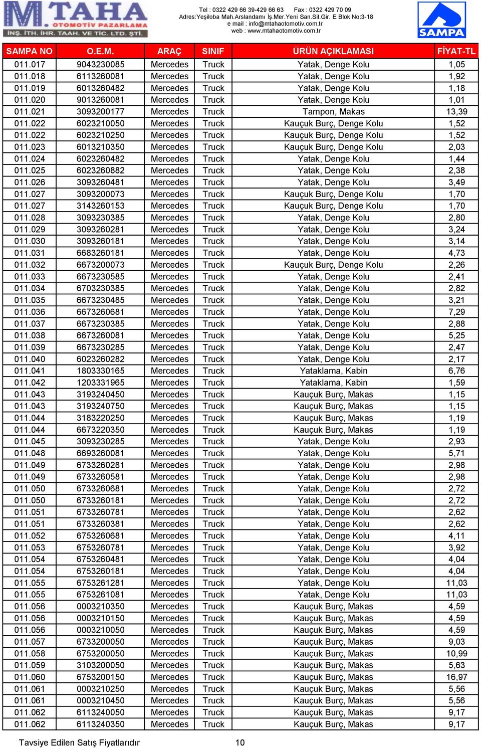 022 6023210250 Mercedes Truck Kauçuk Burç, Denge Kolu 1,52 011.023 6013210350 Mercedes Truck Kauçuk Burç, Denge Kolu 2,03 011.024 6023260482 Mercedes Truck Yatak, Denge Kolu 1,44 011.