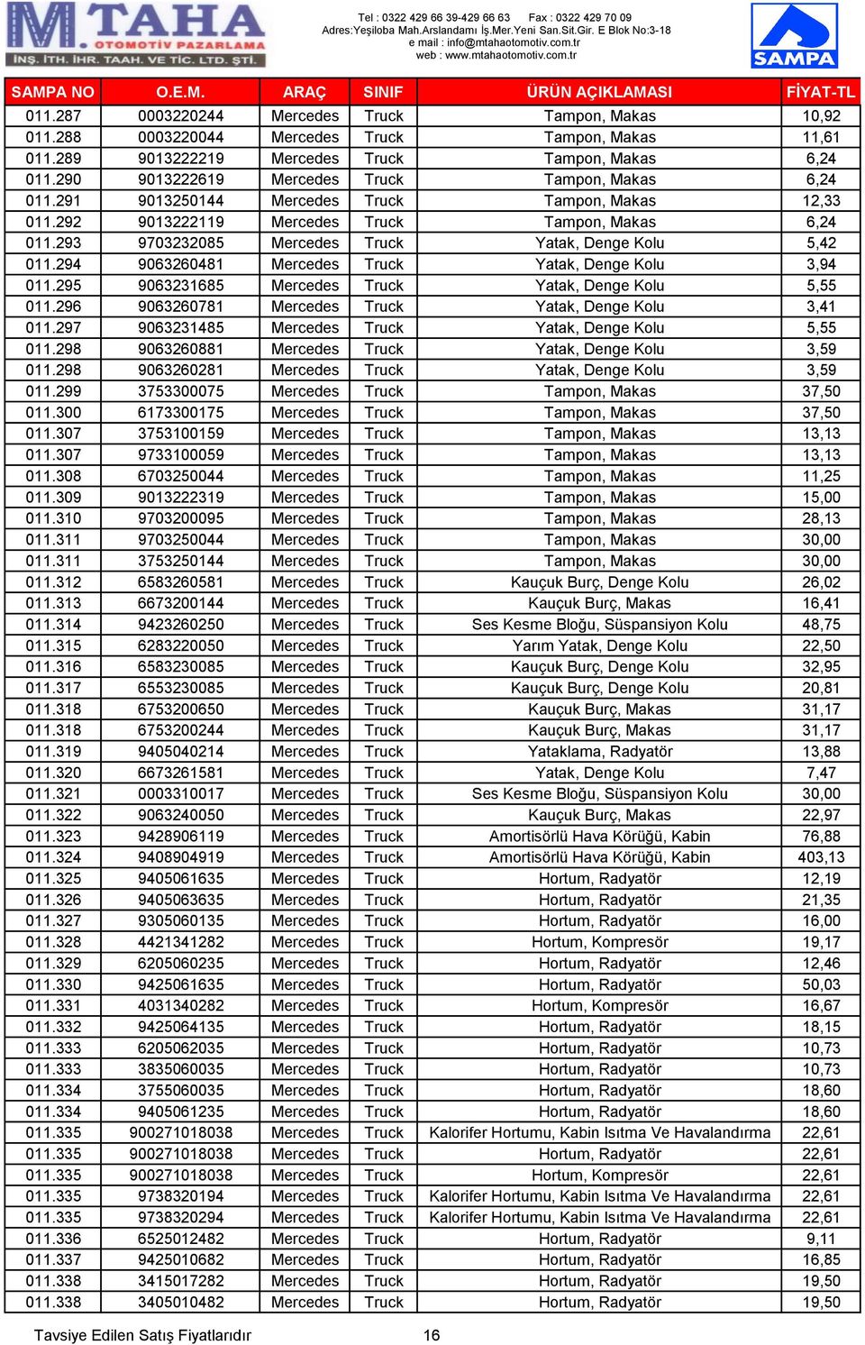 293 9703232085 Mercedes Truck Yatak, Denge Kolu 5,42 011.294 9063260481 Mercedes Truck Yatak, Denge Kolu 3,94 011.295 9063231685 Mercedes Truck Yatak, Denge Kolu 5,55 011.