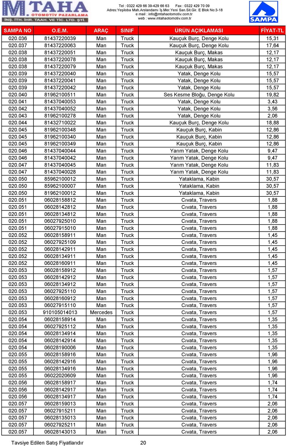 039 81437220041 Man Truck Yatak, Denge Kolu 15,57 020.039 81437220042 Man Truck Yatak, Denge Kolu 15,57 020.040 81962100511 Man Truck Ses Kesme Bloğu, Denge Kolu 19,82 020.