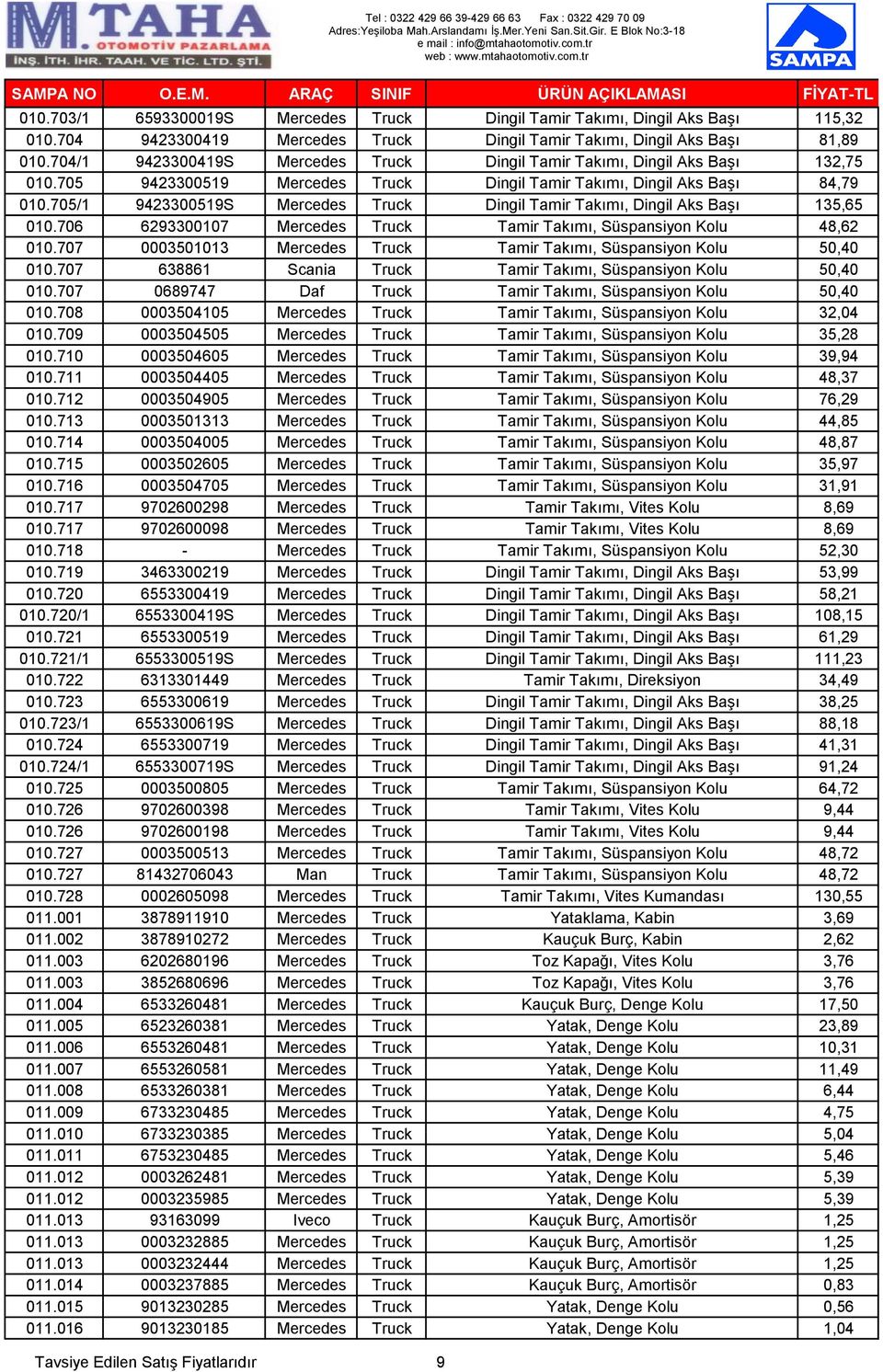 705/1 9423300519S Mercedes Truck Dingil Tamir Takımı, Dingil Aks Başı 135,65 010.706 6293300107 Mercedes Truck Tamir Takımı, Süspansiyon Kolu 48,62 010.