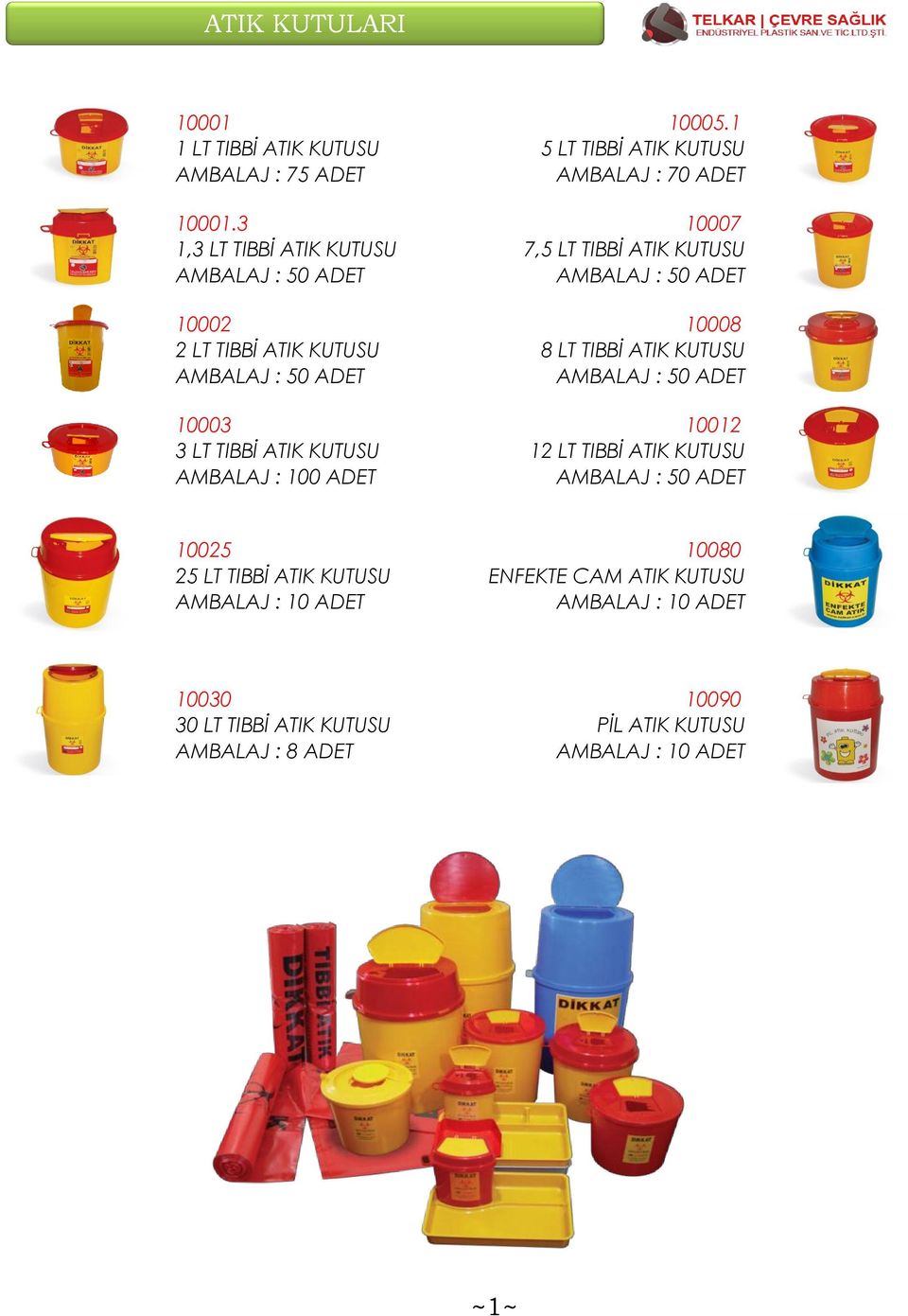 1 5 LT TIBBİ ATIK KUTUSU AMBALAJ : 70 ADET 10007 7,5 LT TIBBİ ATIK KUTUSU AMBALAJ : 50 ADET 10008 8 LT TIBBİ ATIK KUTUSU AMBALAJ : 50 ADET 10012