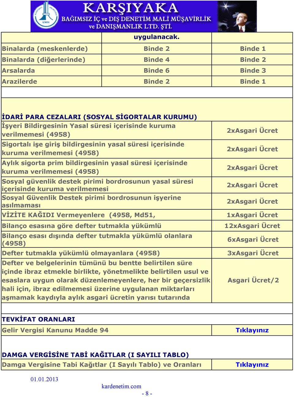 Bildirgesinin Yasal süresi içerisinde kuruma verilmemesi (4958) Sigortalı işe giriş bildirgesinin yasal süresi içerisinde kuruma verilmemesi (4958) Aylık sigorta prim bildirgesinin yasal süresi