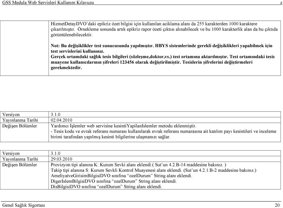 HBYS sistemlerinde gerekli değişiklikleri yapabilmek için test servislerini kullanını. Gerçek ortamdaki sağlık tesis bilgileri (söleşme,doktor,vs.) test ortamına aktarılmıştır.