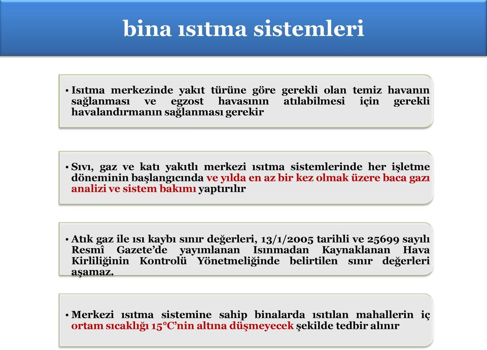 yaptırılır Atık gaz ile ısı kaybı sınır değerleri, 13/1/2005 tarihli ve 25699 sayılı Resmî Gazete de yayımlanan Isınmadan Kaynaklanan Hava Kirliliğinin Kontrolü