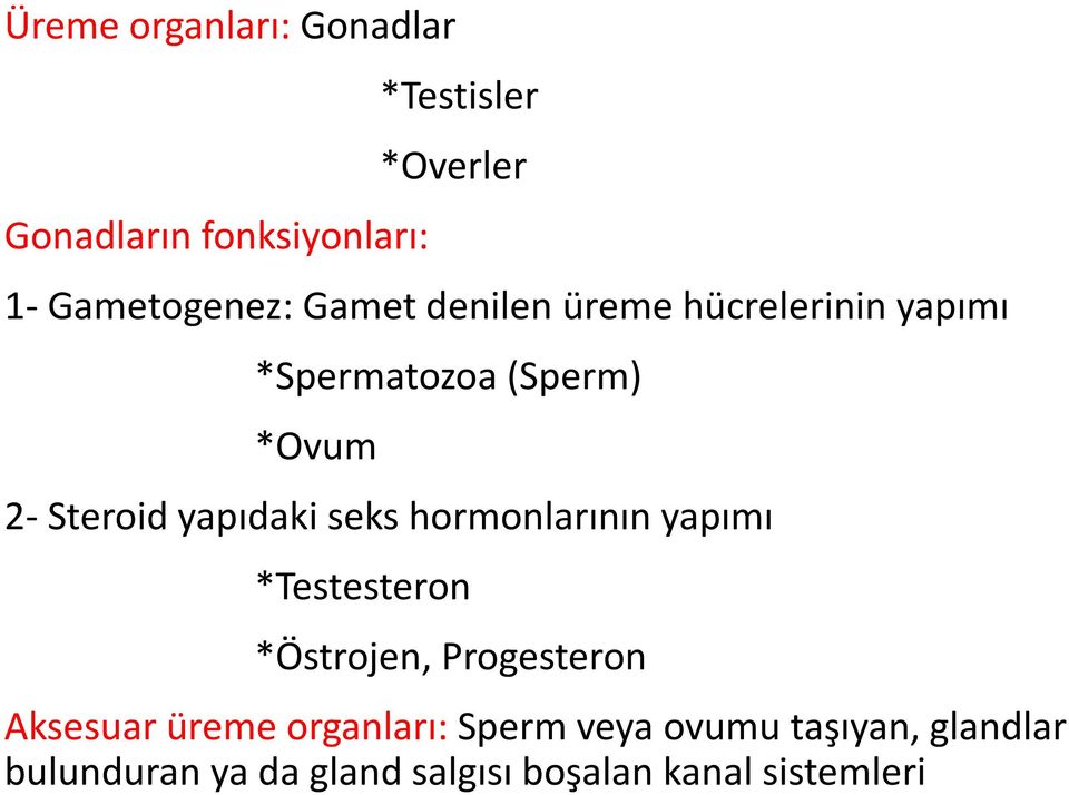 seks hormonlarının yapımı *Testesteron *Östrojen, Progesteron Aksesuar üreme organları: