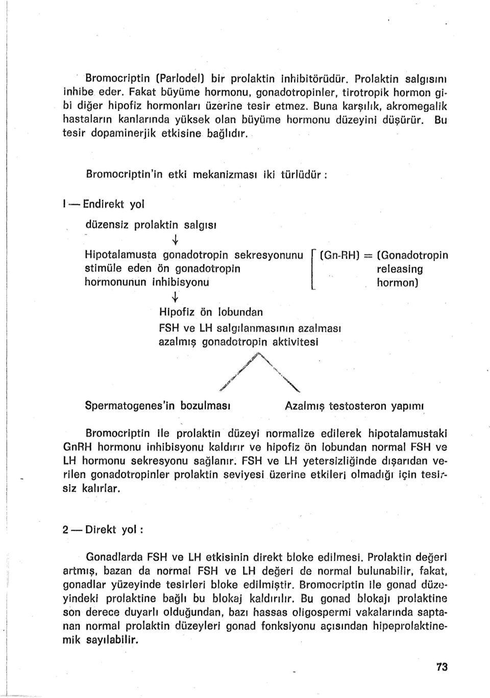Bromocriptin'in etki mekanizması iki türlüdür : 1- Endirekt yol düzensiz prolaktin salgısı.+ Hipotalamusta gonadotropin sekresyonunu stimüle eden ön gonadotropin hormonunun inhibisyonu..ı. Hipofiz ön lobundan FSH ve LH salgılanmasının azalması azalmış gonadotropin akuvitesi '""" / ' /' ',~, r -(G.