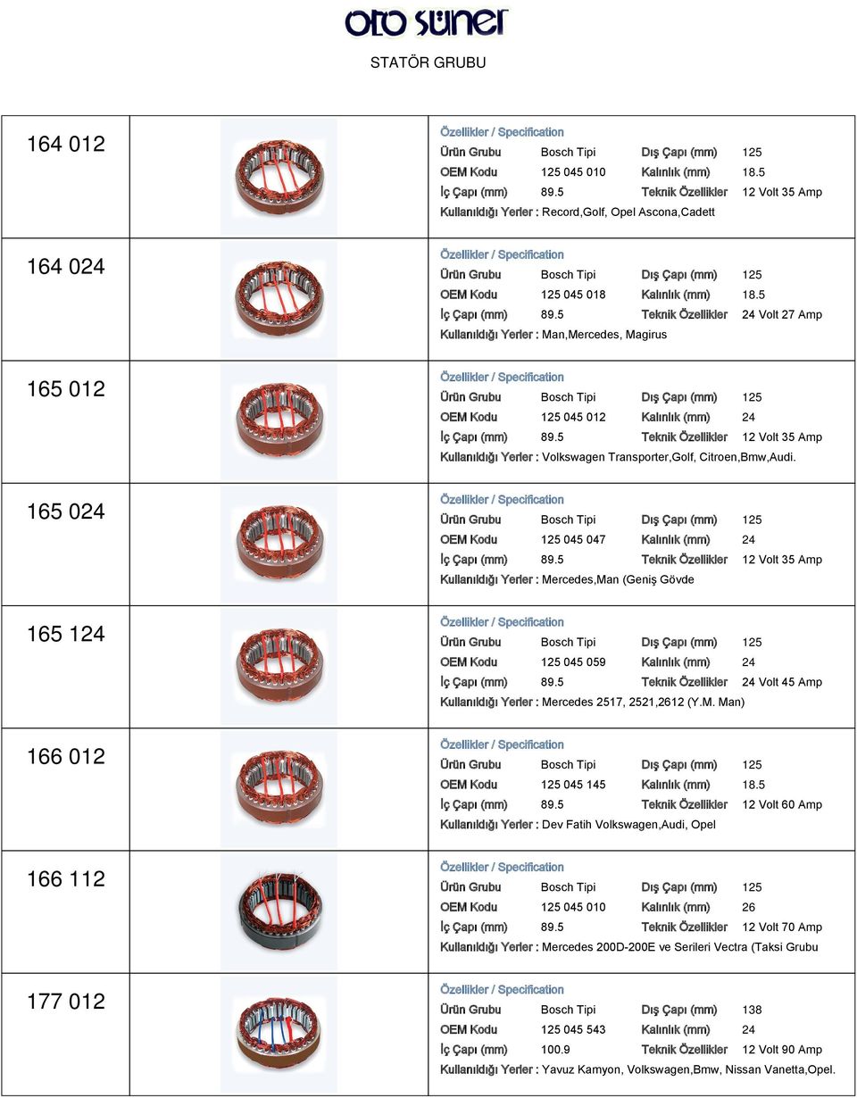 5 Teknik Özellikler 24 Volt 27 Amp Kullanıldığı Yerler : Man,Mercedes, Magirus Ürün Grubu Bosch Tipi Dış Çapı (mm) 125 OEM Kodu 125 045 012 Kalınlık (mm) 24 İç Çapı (mm) 89.