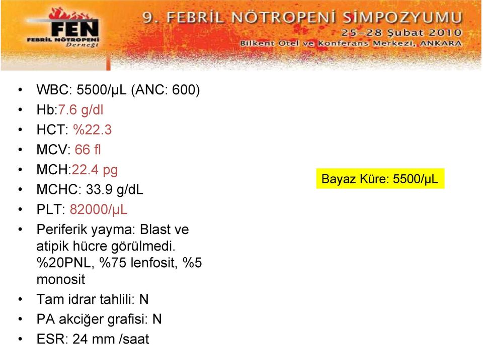 9 g/dl PLT: 82000/µL Periferik yayma: Blast ve atipik hücre