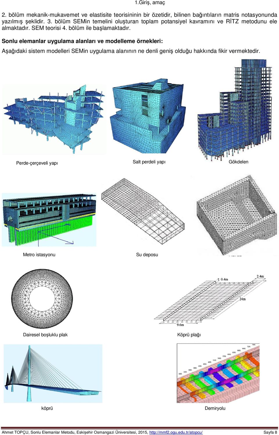 Sonlu elemanlar uygulama alanları ve modelleme örnekleri: Aşağıdaki sistem modelleri SEMin uygulama alanının ne denli geniş olduğu hakkında fikir vermektedir.