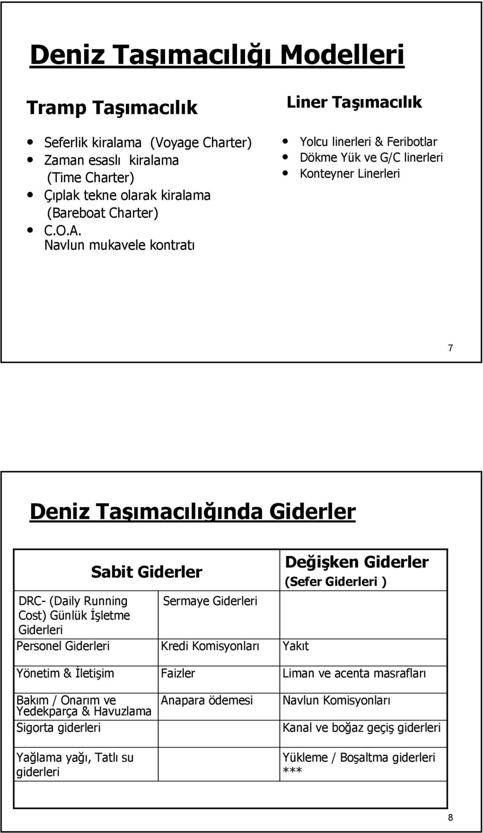 GünlG nlük İşletme Giderleri Personel Giderleri Sabit Giderler Sermaye Giderleri Kredi Komisyonları Değişken Giderler (Sefer Giderleri ) Yakıt Yönetim & İletişimim Bakım m / Onarım m ve