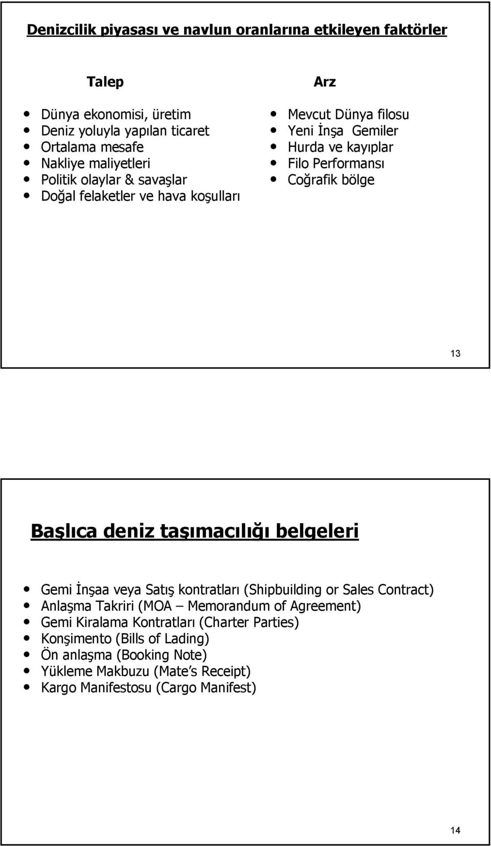 13 Başlıca deniz taşı şımacılığıığı belgeleri Gemi İnşaa veya Satış kontratları (Shipbuilding or Sales Contract) Anlaşma Takriri (MOA Memorandum of Agreement) Gemi