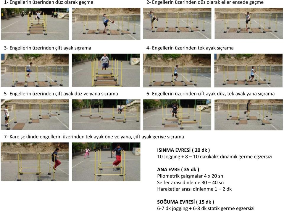 engellerin üzerinden tek ayak öne ve yana, çift ayak geriye sıçrama ISINMA EVRESİ ( 20 dk ) 10 Jogging + 8 10 dakikalık dinamik germe egzersizi ANA EVRE ( 35