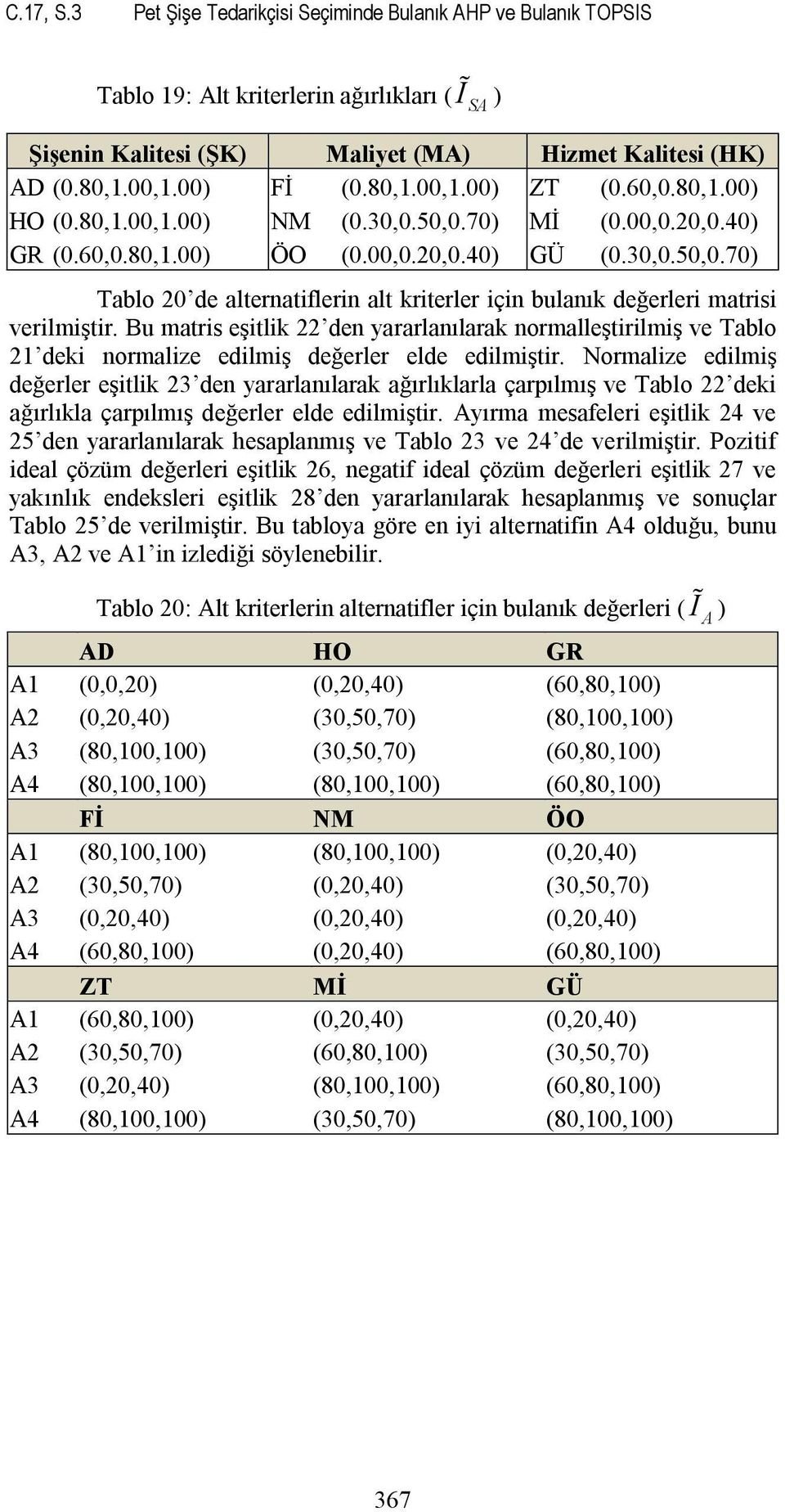 Bu matris eşitlik 22 den yararlanılarak normalleştirilmiş ve Tablo 2 deki normalize edilmiş değerler elde edilmiştir.