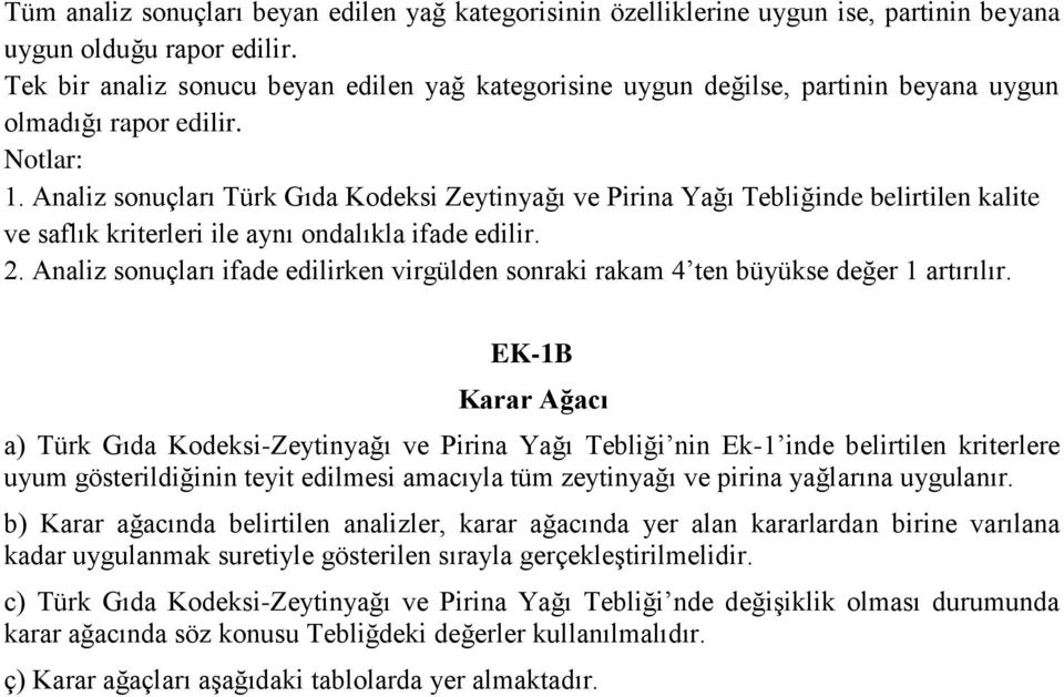 Analiz sonuçları Türk Gıda Kodeksi Zeytinyağı ve Pirina Yağı Tebliğinde belirtilen kalite ve saflık kriterleri ile aynı ondalıkla ifade edilir. 2.