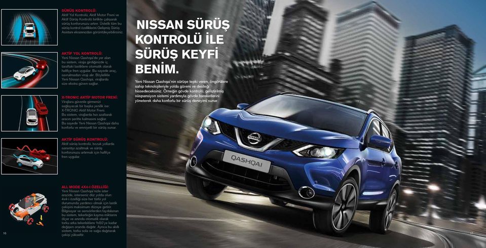 AKTİF YOL KONTROLÜ: Yeni Nissan Qashqai de yer alan bu sistem, viraja girdiğinizde iç taraftaki lastiklere otomatik olarak hafifçe fren uygular. Bu sayede araç, savrulmadan virajı alır.