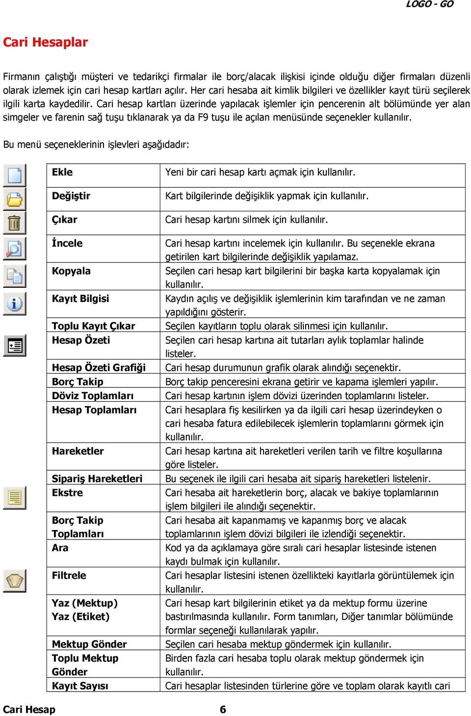 Cari hesap kartları üzerinde yapılacak işlemler için pencerenin alt bölümünde yer alan simgeler ve farenin sağ tuşu tıklanarak ya da F9 tuşu ile açılan menüsünde seçenekler kullanılır.