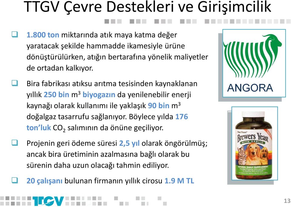 Bira fabrikası atıksu arıtma tesisinden kaynaklanan yıllık 250 bin m 3 biyogazın da yenilenebilir enerji kaynağı olarak kullanımı ile yaklaşık 90 bin m 3