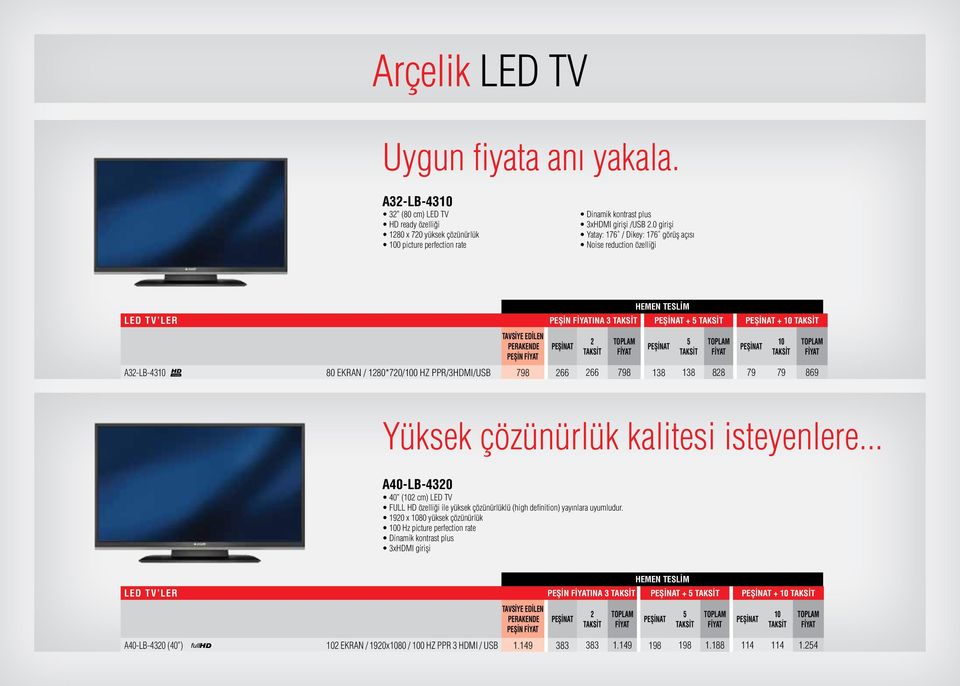 798 138 138 88 79 79 869 Yüksek çözünürlük kalitesi isteyenlere... A40-LB-430 40 ( cm) LED TV FULL HD özelliği ile yüksek çözünürlüklü (high definition) yayınlara uyumludur.