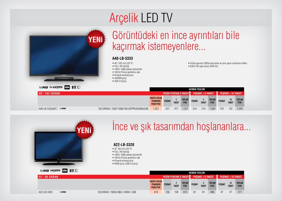 0 girişi Dijital yayınları USB ye kayıt etme ve canlı yayını durdurma imkânı Dahili HD uydu alıcısı (DVB-S) 3 HEMEN TESLİM 40 - EKRAN PEŞİN INA 3 + + TAVSİYE EDİLEN PERAKENDE PEŞİN A40-LB-333(40 )