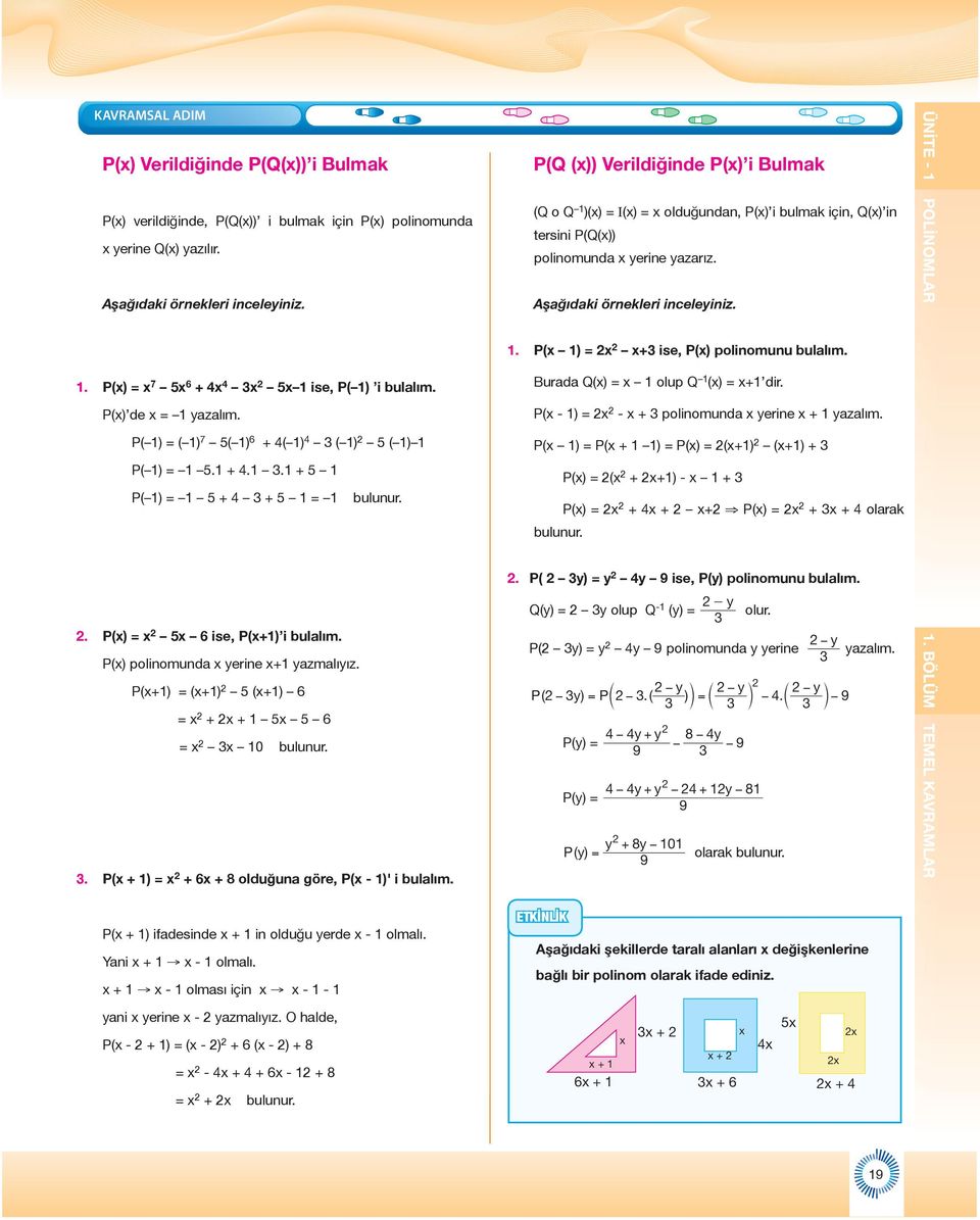 . P(x) = x 7 5x 6 + 4x 4 x 5x ise, P( ) i bulalım. P(x) de x = yazalım. P( ) = ( ) 7 5( ) 6 + 4( ) 4 ( ) 5 ( ) P( ) = 5. + 4.. + 5 P( ) = 5 + 4 + 5 = bulunur.