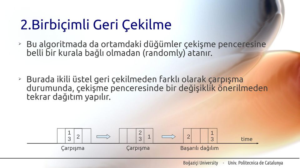 Burada ikili üstel geri çekilmeden farklı olarak çarpışma durumunda, çekişme