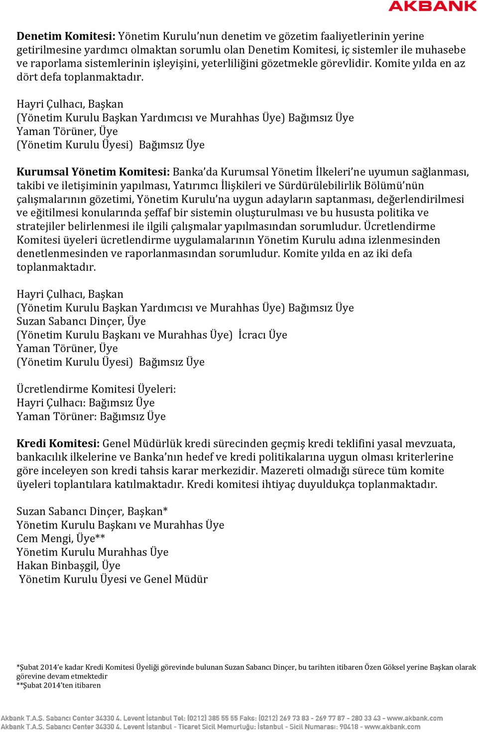 Hayri Çulhacı, Başkan (Yönetim Kurulu Başkan Yardımcısı ve Murahhas Üye) Bağımsız Üye Yaman Törüner, Üye (Yönetim Kurulu Üyesi) Bağımsız Üye Kurumsal Yönetim Komitesi: Banka da Kurumsal Yönetim