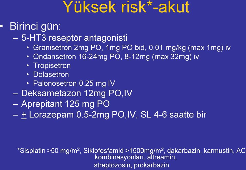 25 mg IV Deksametazon 12mg PO,IV Aprepitant 125 mg PO + Lorazepam 0.