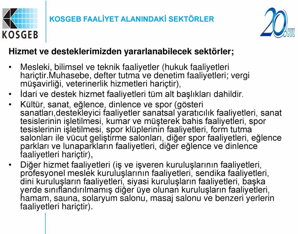 Kültür, sanat, eğlence, dinlence ve spor (gösteri sanatları,destekleyici faaliyetler sanatsal yaratıcılık faaliyetleri, sanat tesislerinin işletilmesi, kumar ve müşterek bahis faaliyetleri, spor