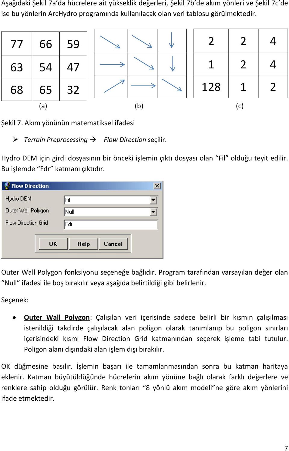 Hydro DEM için girdi dosyasının bir önceki işlemin çıktı dosyası olan Fil olduğu teyit edilir. Bu işlemde Fdr katmanı çıktıdır. Outer Wall Polygon fonksiyonu seçeneğe bağlıdır.