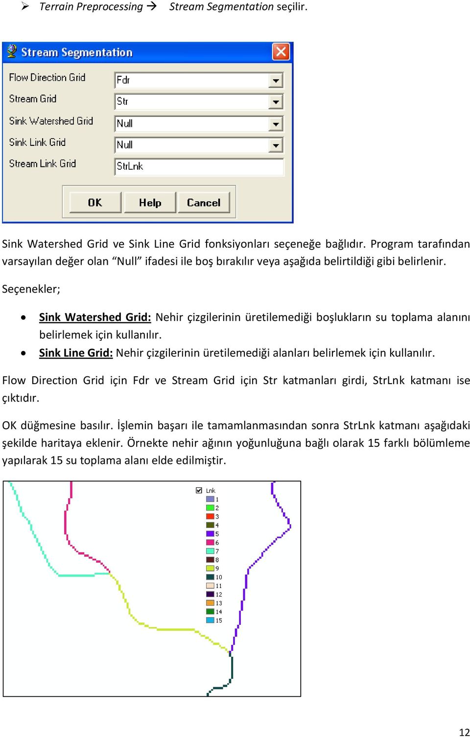 Seçenekler; Sink Watershed Grid: Nehir çizgilerinin üretilemediği boşlukların su toplama alanını belirlemek için kullanılır.