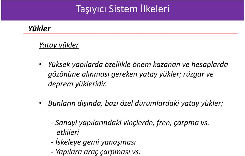 Bunların dışında, bazı özel durumlardaki yatay yükler; Sanayi