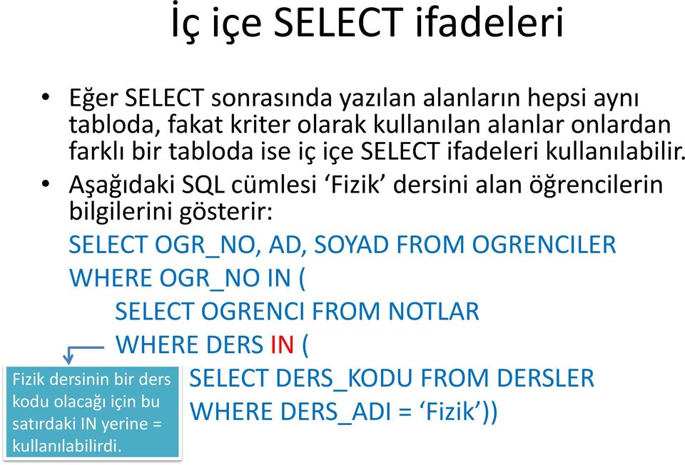 Aşağıdaki SQL cümlesi Fizik dersini alan öğrencilerin bilgilerini gösterir: SELECT OGR_NO, AD, SOYAD FROM OGRENCILER WHERE