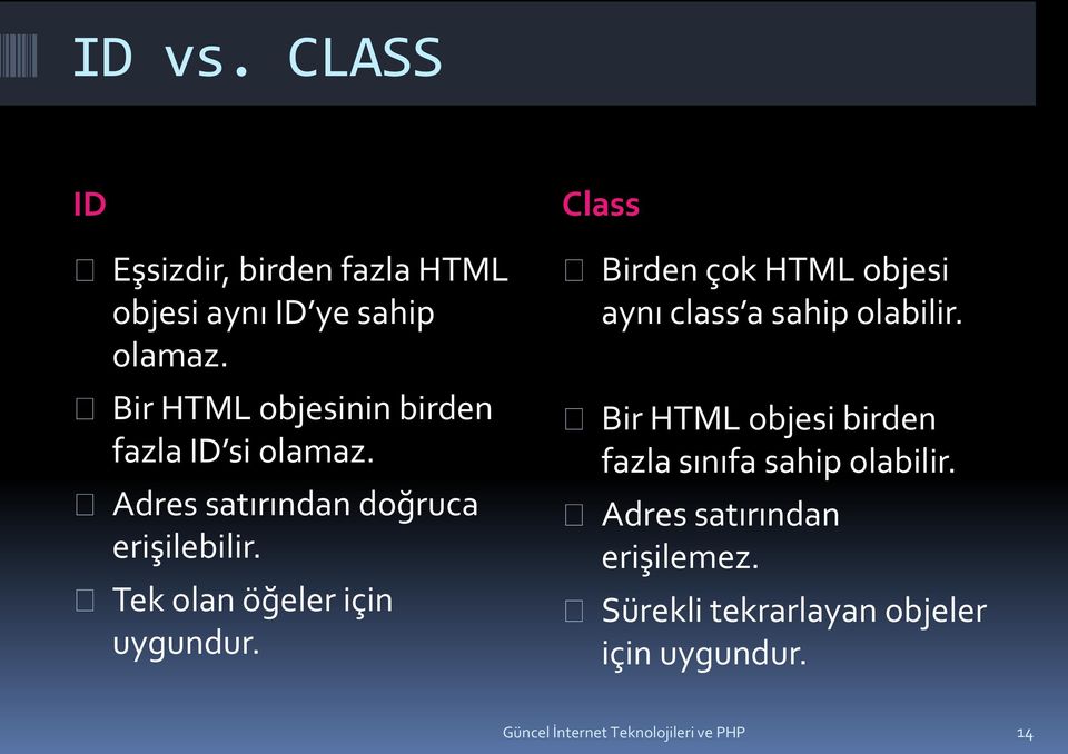 Tek olan öğeler için uygundur. Class Birden çok HTML objesi aynı class a sahip olabilir.