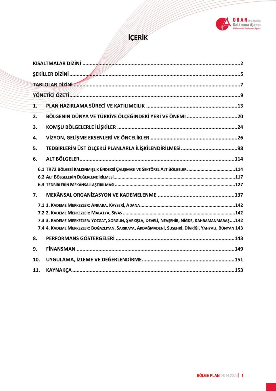 .. 98 ALT BÖLGELER... 114 6.1 TR72 BÖLGESİ KALKINMIŞLIK ENDEKSİ ÇALIŞMASI VE SEKTÖREL ALT BÖLGELER... 114 6.2 ALT BÖLGELERİN DEĞERLENDİRİLMESİ... 117 6.3 TEDBİRLERİN MEKÂNSALLAŞTIRILMASI... 127 7.