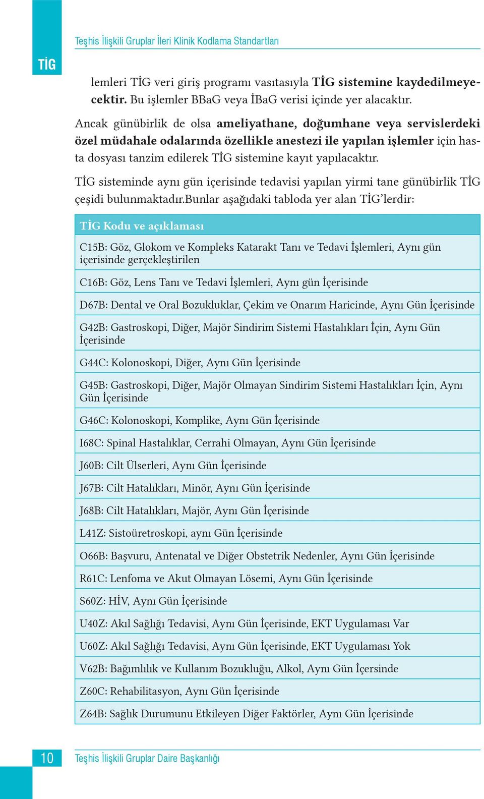 sisteminde aynı gün içerisinde tedavisi yapılan yirmi tane günübirlik çeşidi bulunmaktadır.